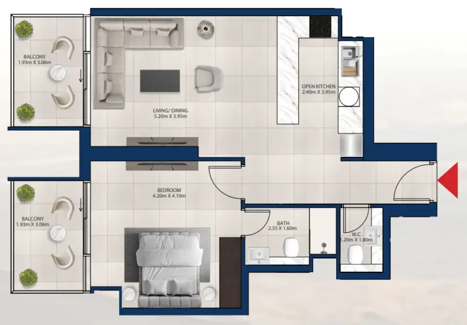 Al Vista 1 bed floor plan, 828 sqft