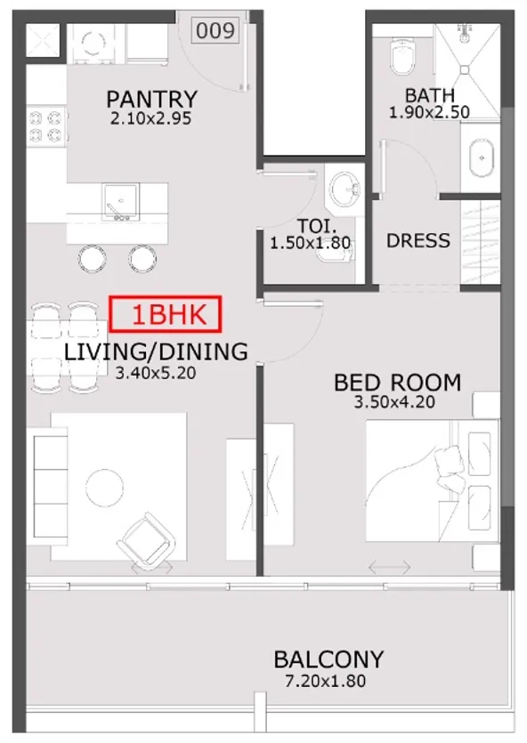 Azra Residence 1 bed floor plan, 753 sqft