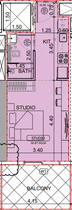 Binghatti Skyhall Studio floor plan, 424 sqft
