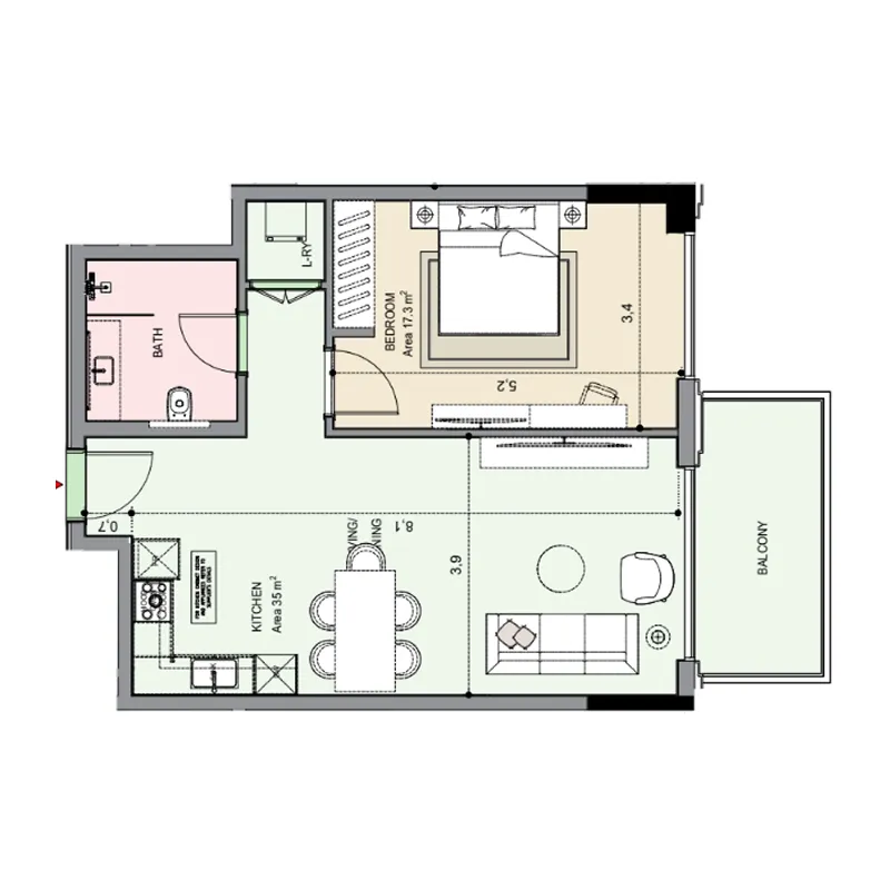 Edgewater Residences 1, 2 and 3 1 bed floor plan, 793 – 794 sqft