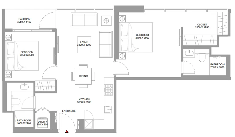 Pristine Beach Residences 2 bed floor plan, 840 sqft