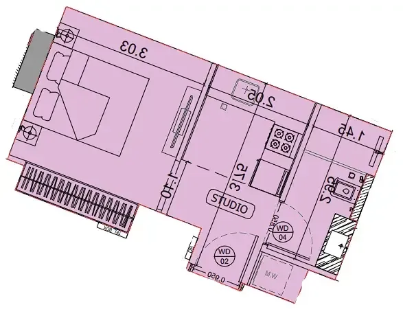 Binghatti HillCrest Studio floor plan, 737 sqft