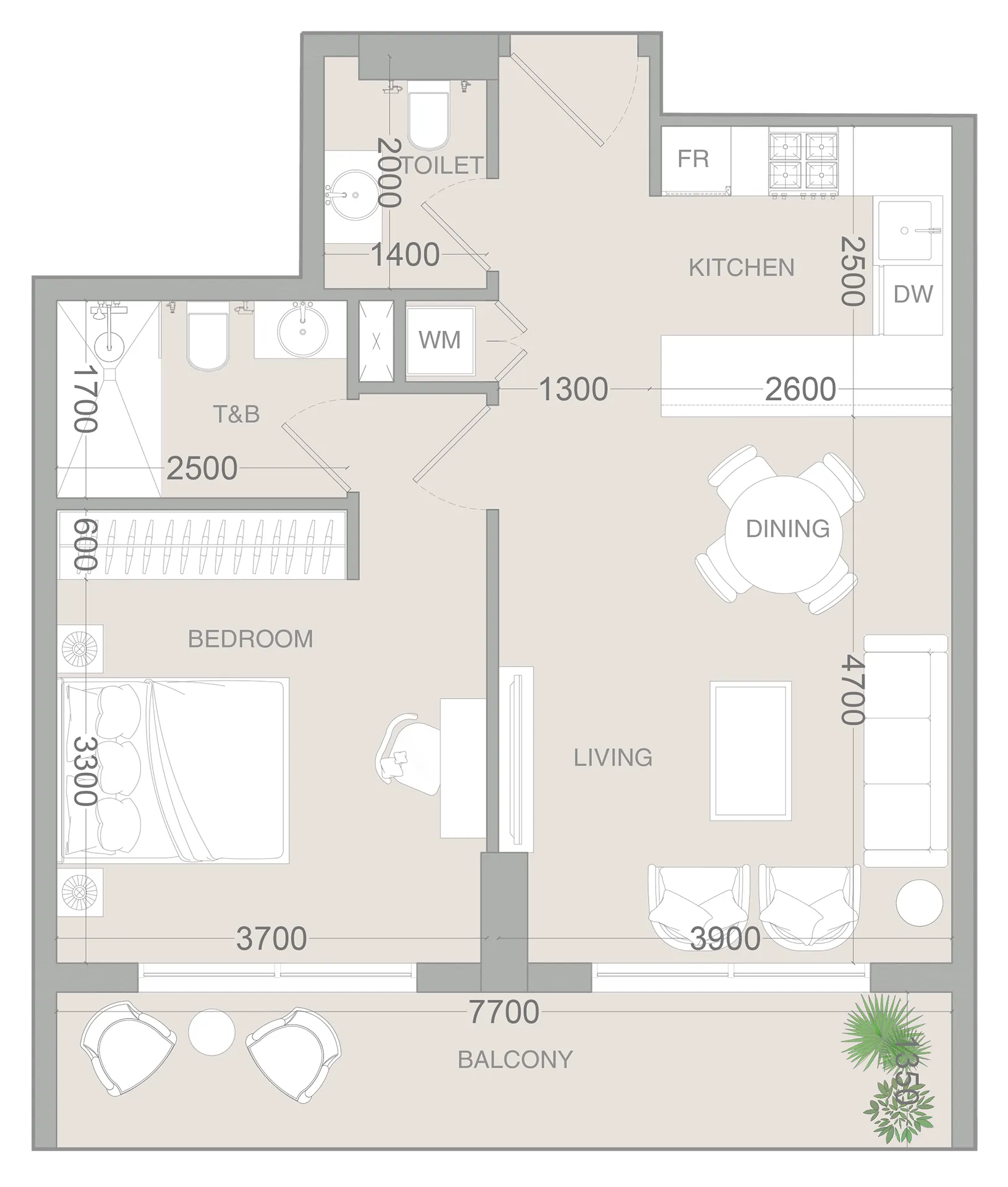 VERDAN1A 3 1 bed floor plan, 734 sqft