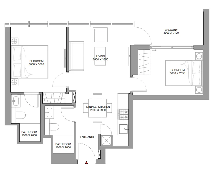 Sobha Aquamont 2 bed floor plan, 721 sqft