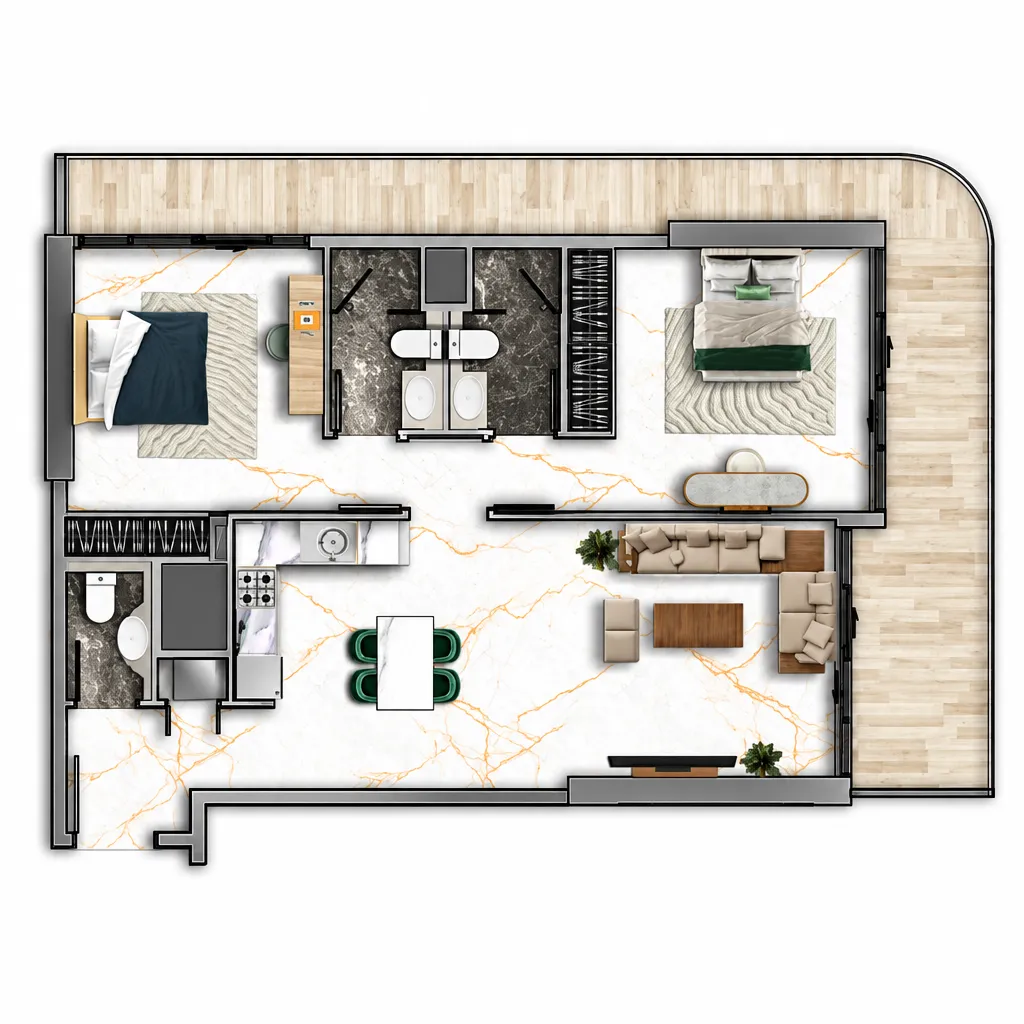 77S Tower 2 bed floor plan, 1,441 – 1,447 sqft