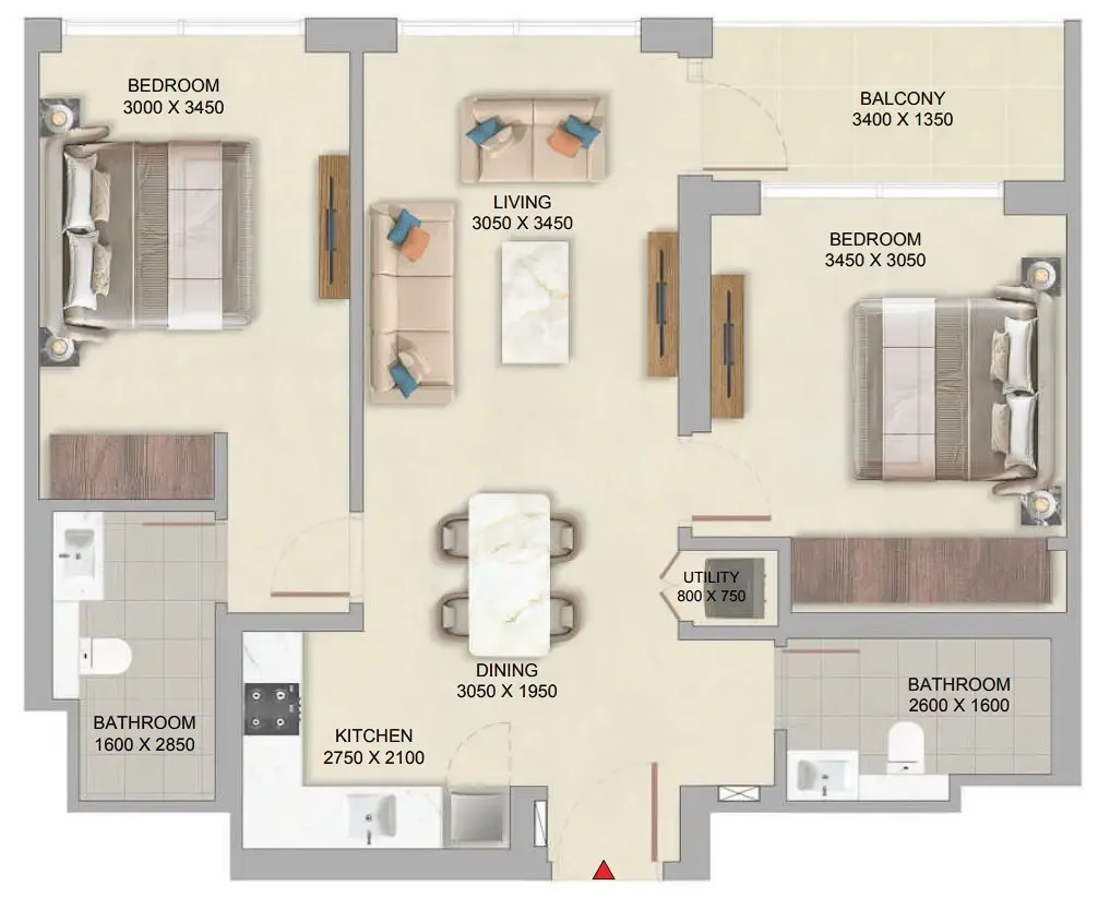 The Woods at Sobha Sanctuary 2 bed floor plan, 863 sqft