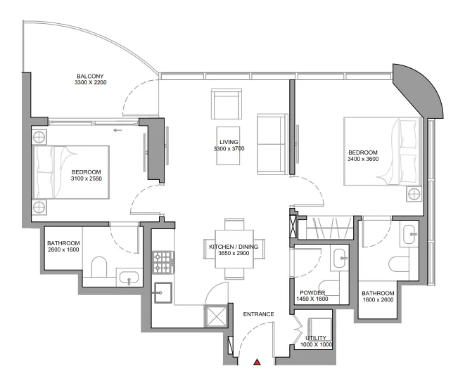 Sobha Aquamont 2 bed floor plan, 775 sqft