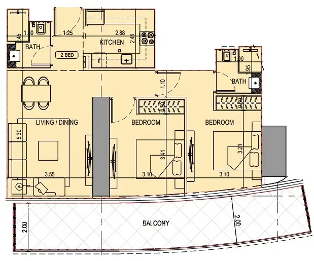 Binghatti Sky Terraces 2 bed floor plan, 1,090 sqft