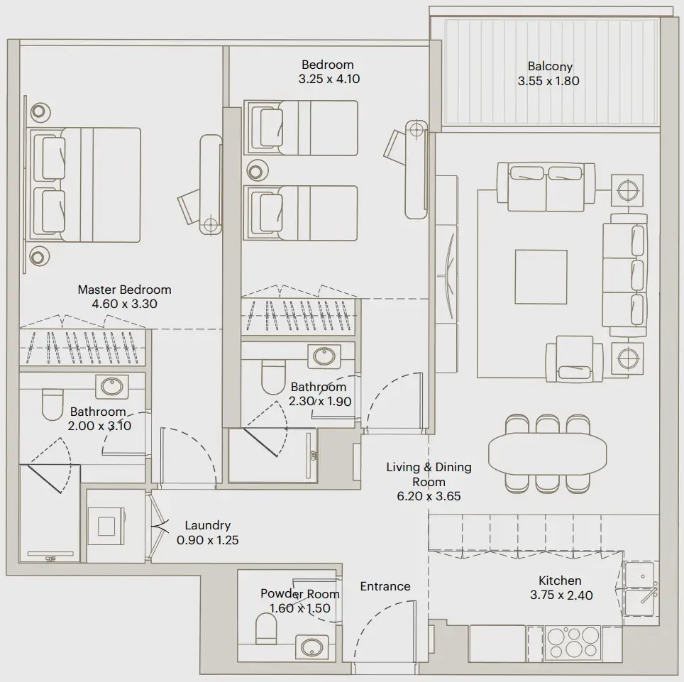 Eleve 2 bed floor plan, 1,091 – 1,122 sqft