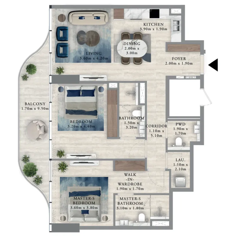 Royal Yacht Club Residence 2 bed floor plan, 1,211 sqft
