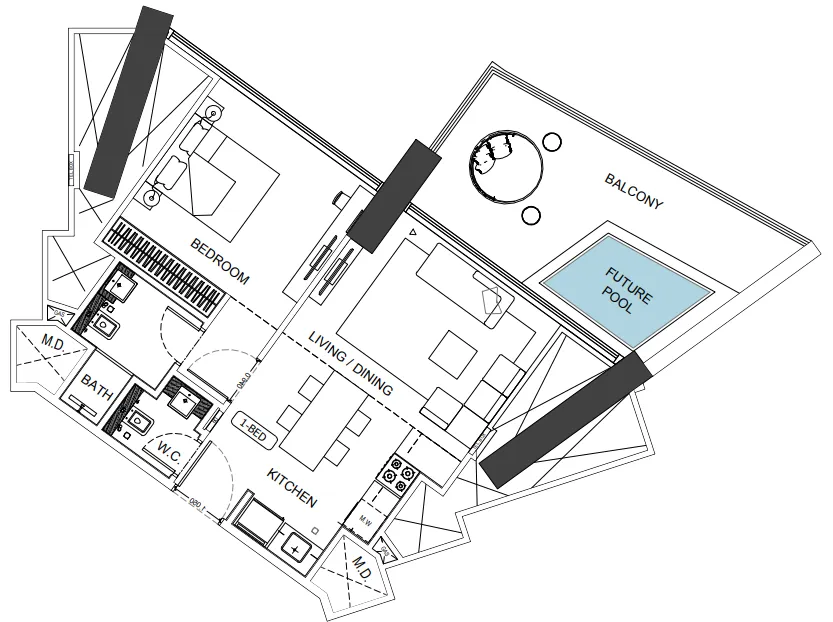 Binghatti Phantom 1 bed floor plan, 792 sqft