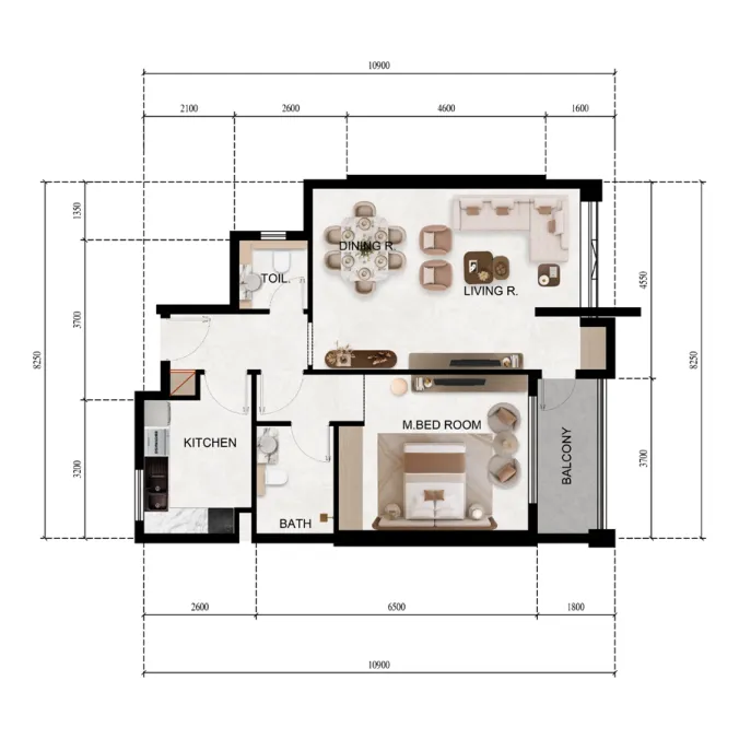 Lily Tower 1 bed floor plan, 829 sqft