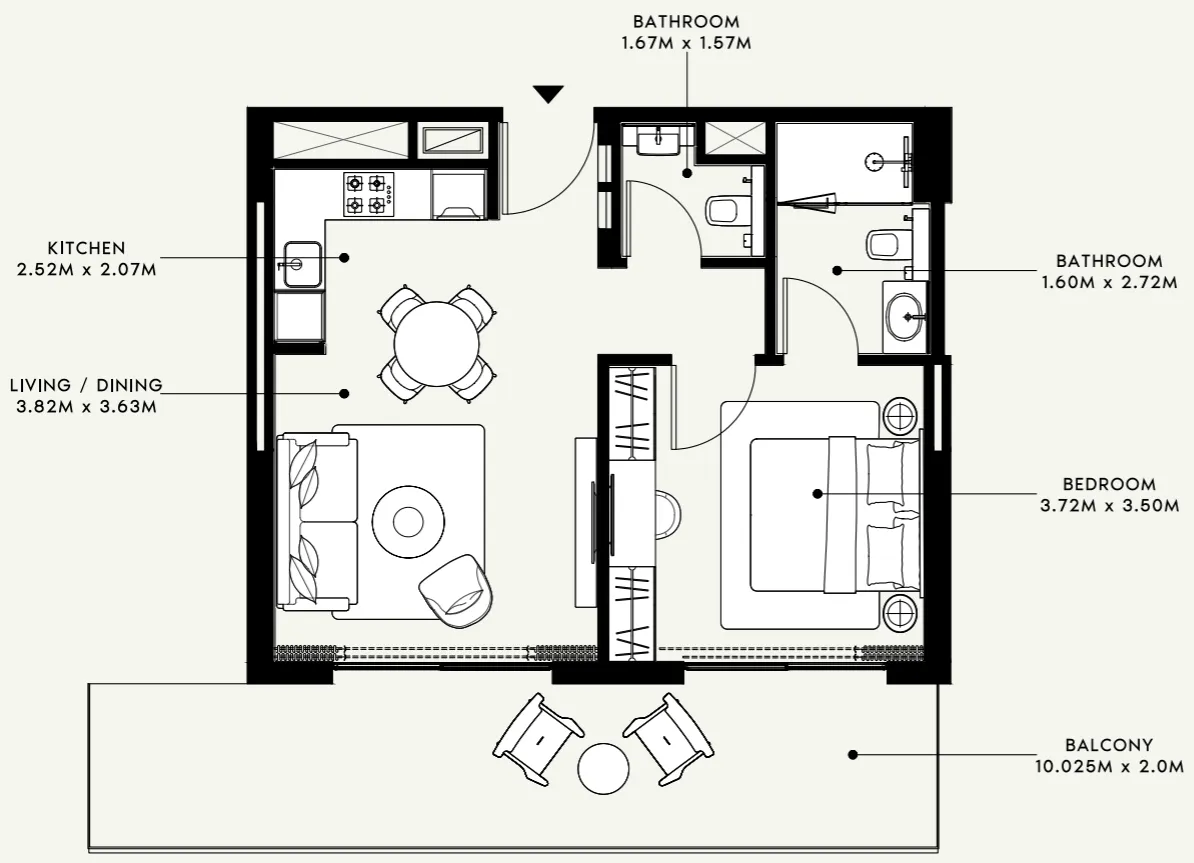 Azizi Venice 1 bed floor plan, 769 sqft