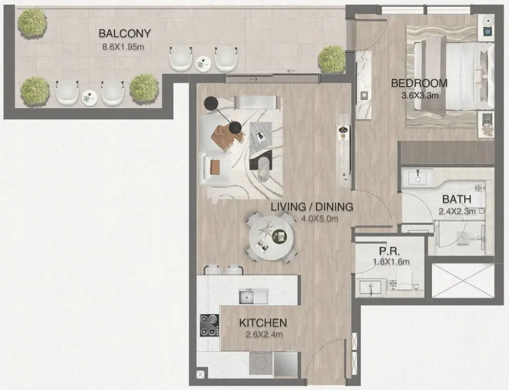 One by Nine 1 bed floor plan, 883 sqft