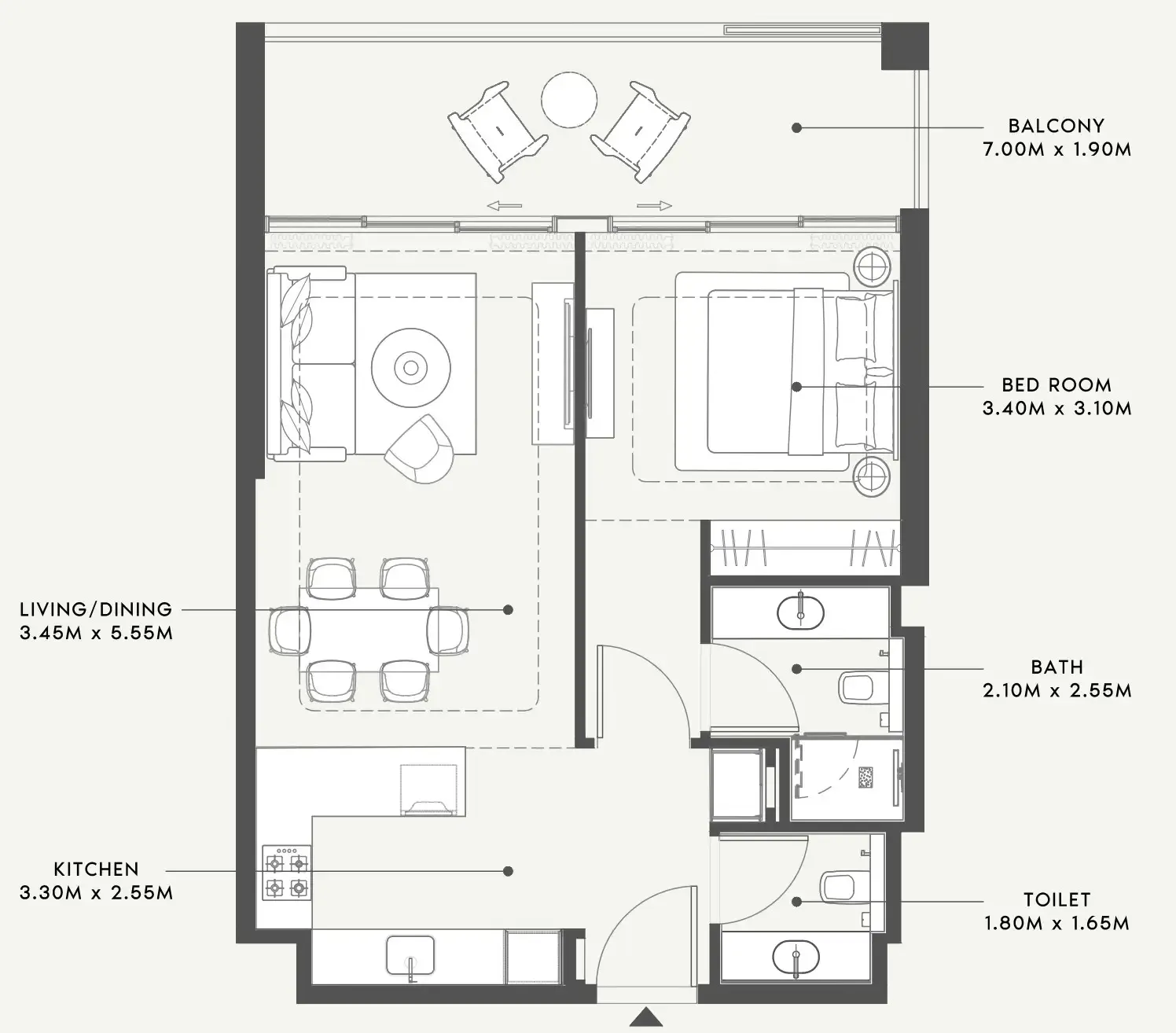 Riviera 58 1 bed floor plan, 784 sqft