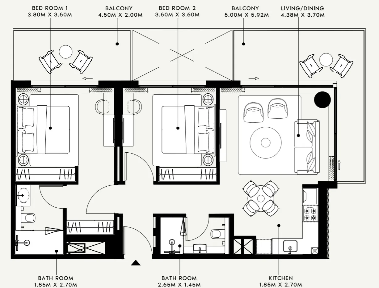 Azizi Venice 2 bed floor plan, 1,087 sqft