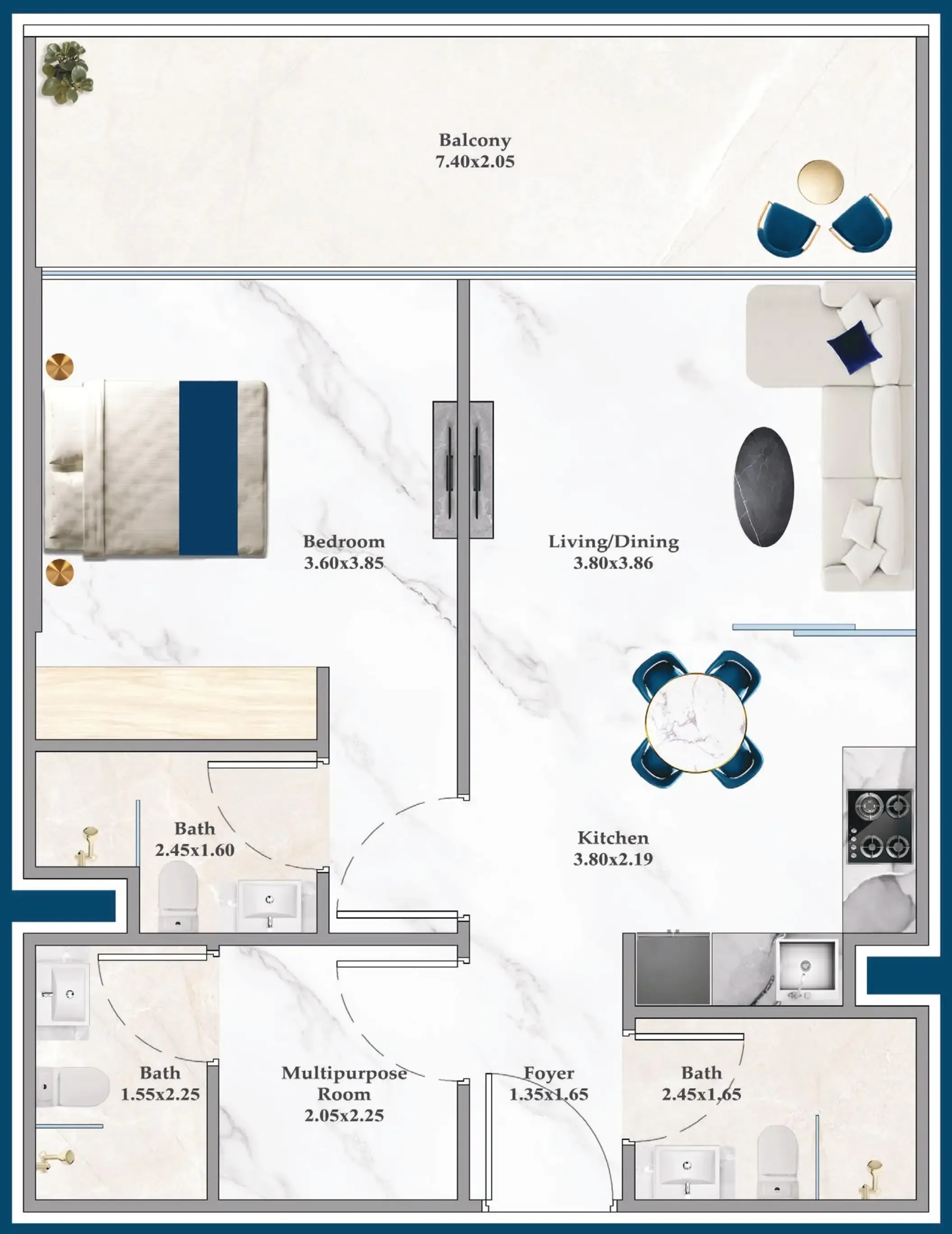 Serenz 1 bed floor plan, 759 sqft