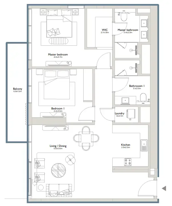 Serenia District East Residences 2 bed floor plan, 1,352 sqft