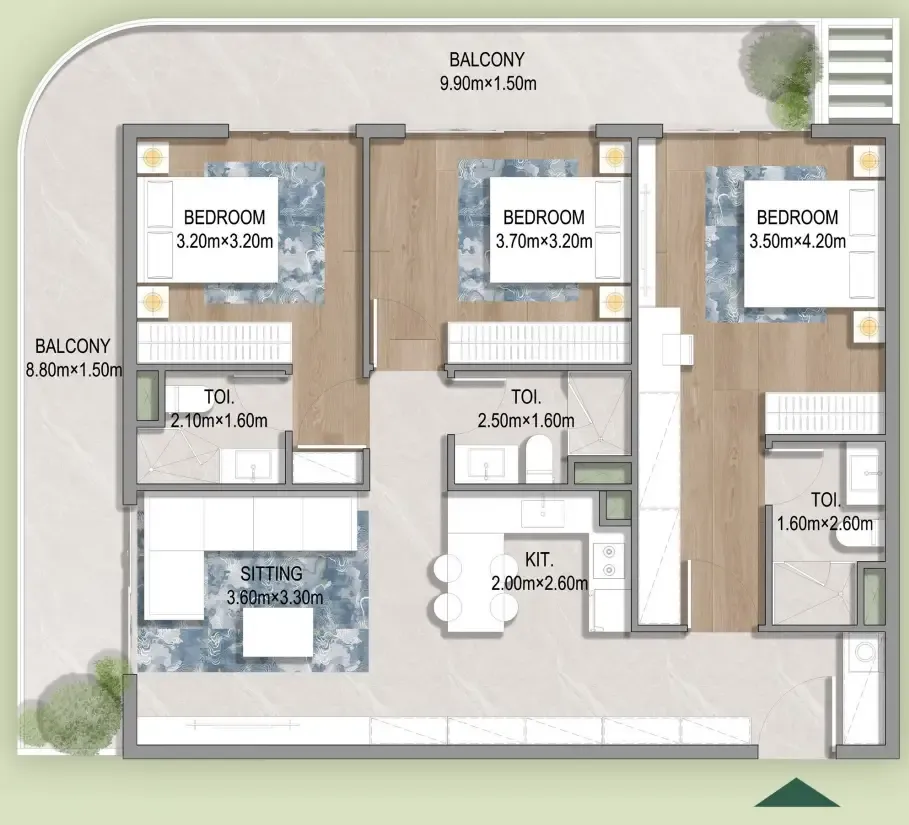 Oasis Residences 3 bed floor plan, 1,333 – 1,336 sqft