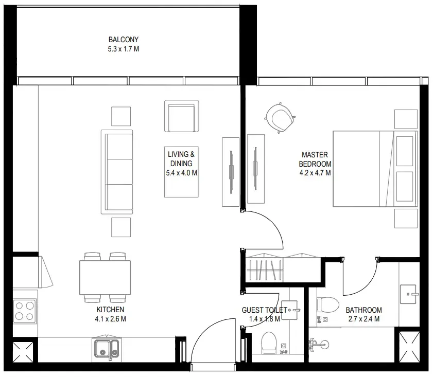 Nesba 2 Aljada 1 bed floor plan, 857 sqft