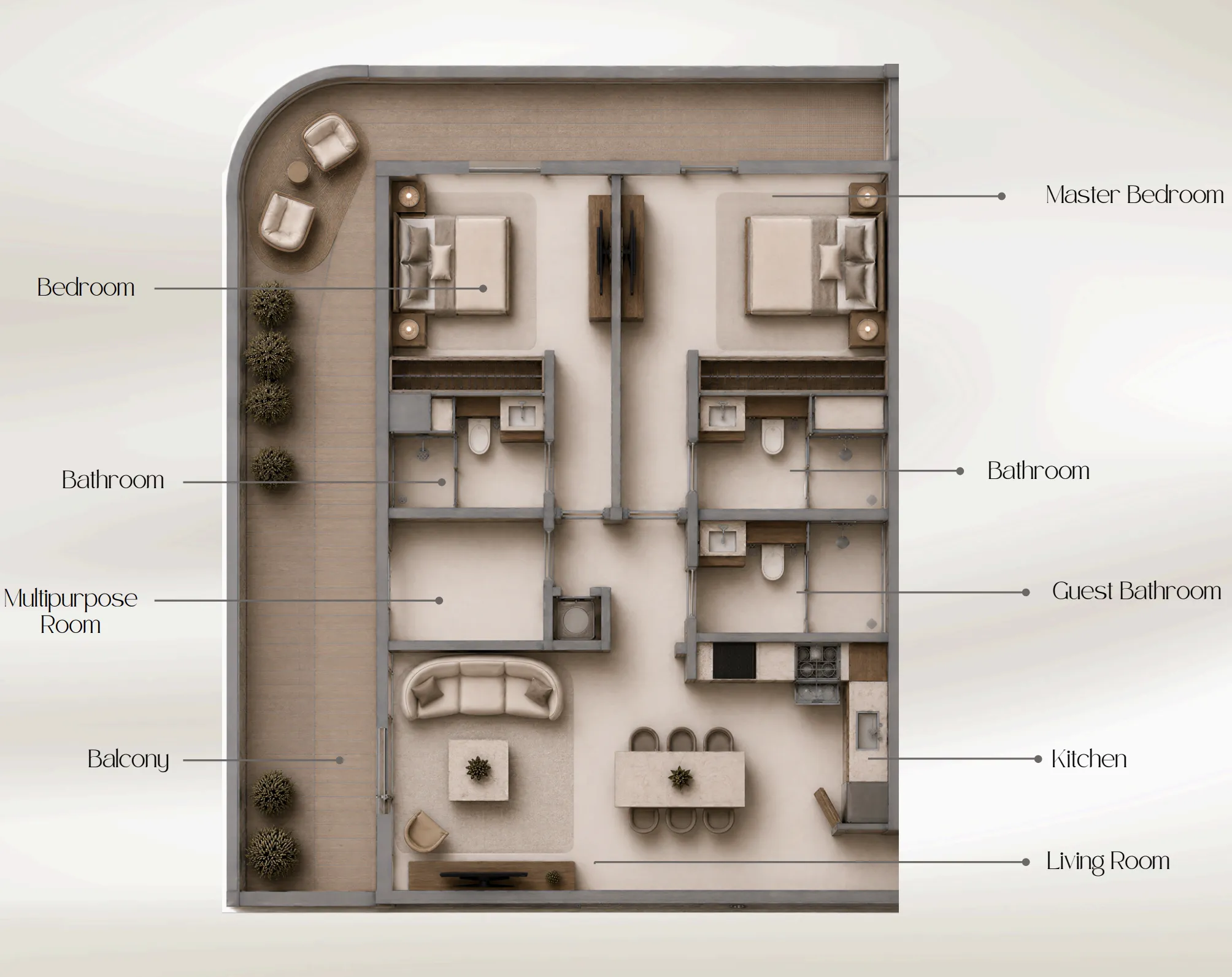 Beverly Crown 2 bed floor plan, 1,365 sqft