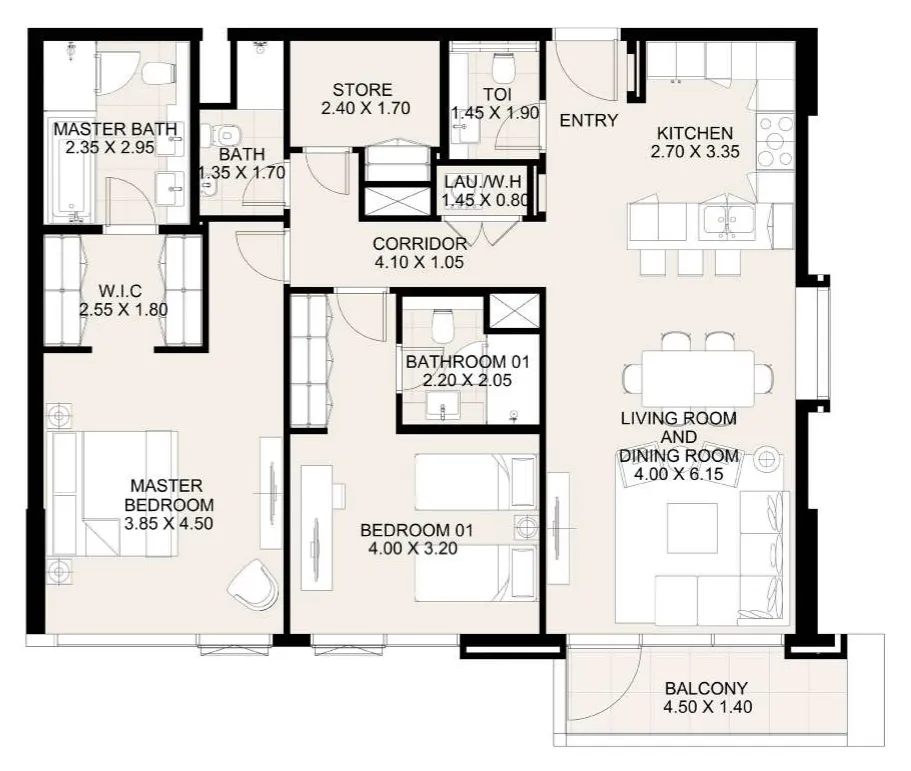 Canal Front Residences 3 and 4 2 bed floor plan, 1,356 sqft