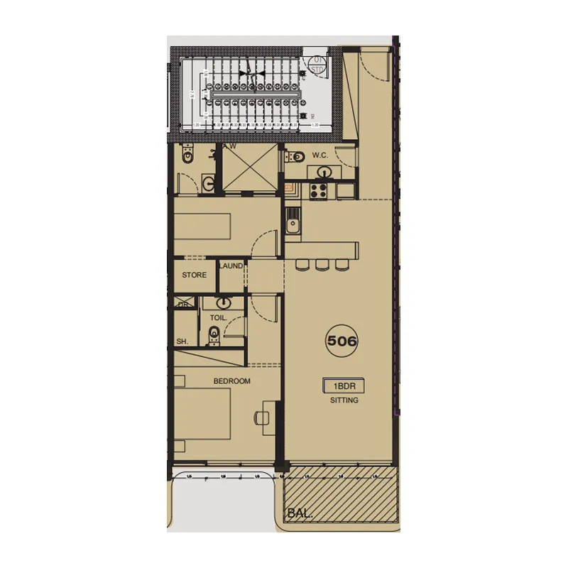 Sea View Residence 1 bed floor plan, 1,088 sqft