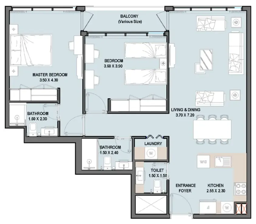 Verdana VIII 2 bed floor plan, 1,011 sqft