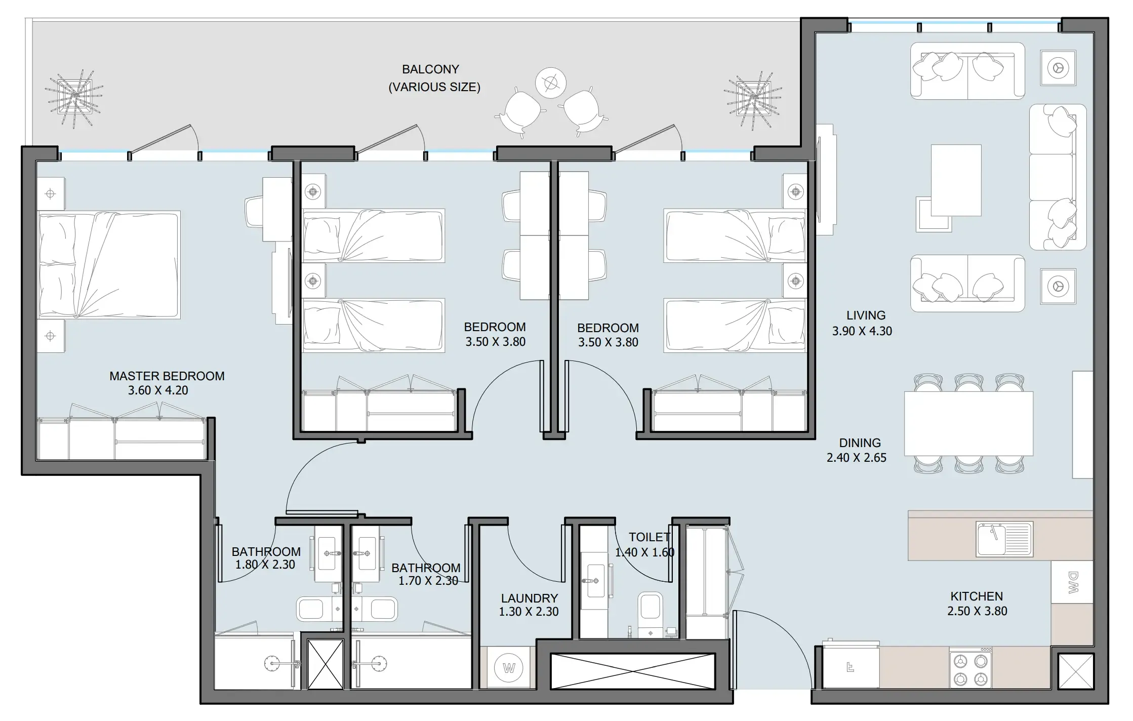 The District 3 bed floor plan, 1,419 sqft