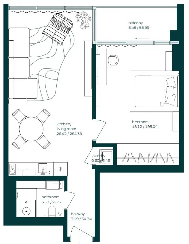 Vibe 1 bed floor plan, 691 sqft