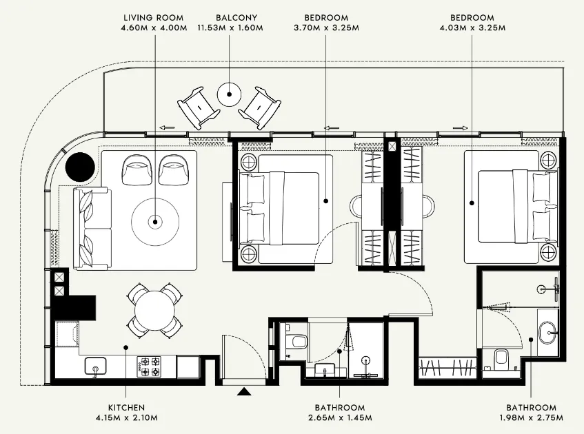 Azizi Venice 2 bed floor plan, 1,053 sqft