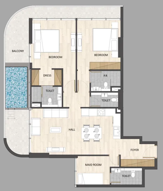 Barari Palace 2 bed floor plan, 1,330 – 1,335 sqft