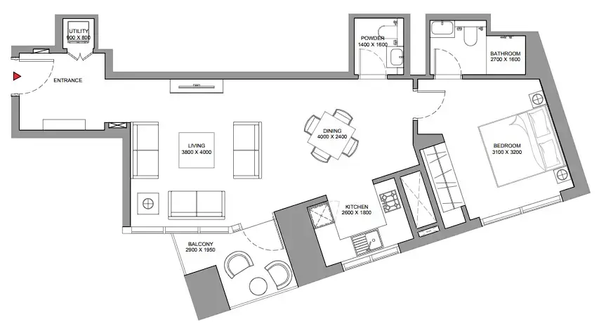 Skyscape 1 bed floor plan, 846 sqft