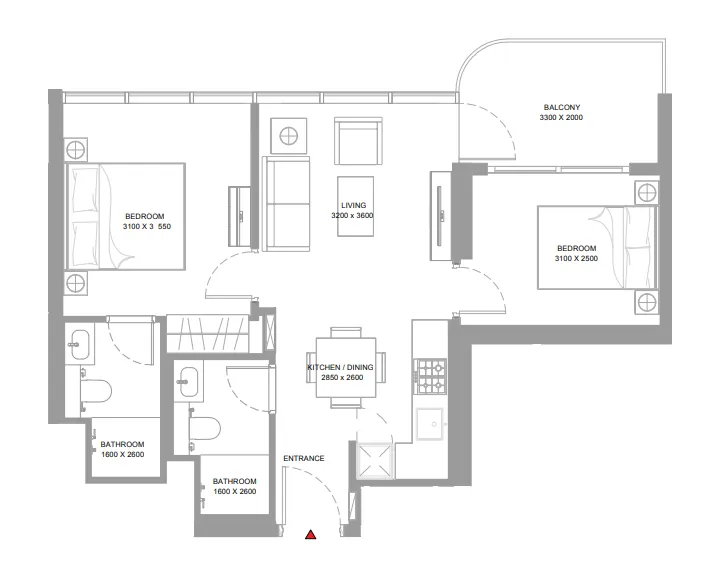 Bayside Marina Residences 2 bed floor plan, 687 sqft