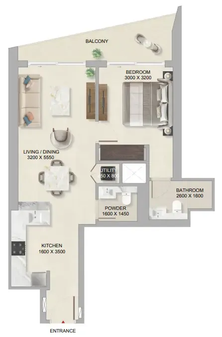 The Tranquil at Sobha Central 1 bed floor plan, 743 sqft