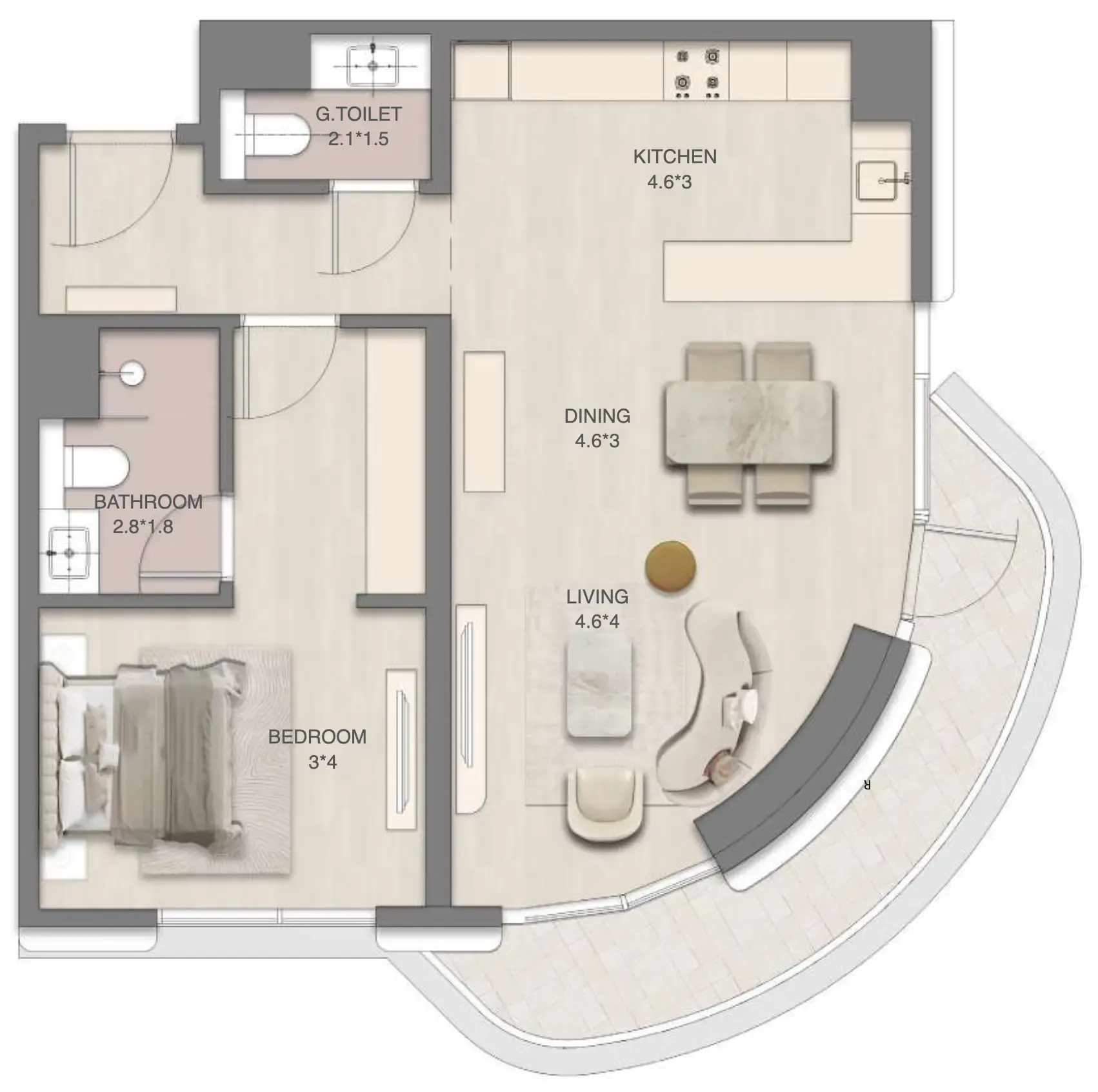 Mirasol Mina 1 bed floor plan, 881 sqft