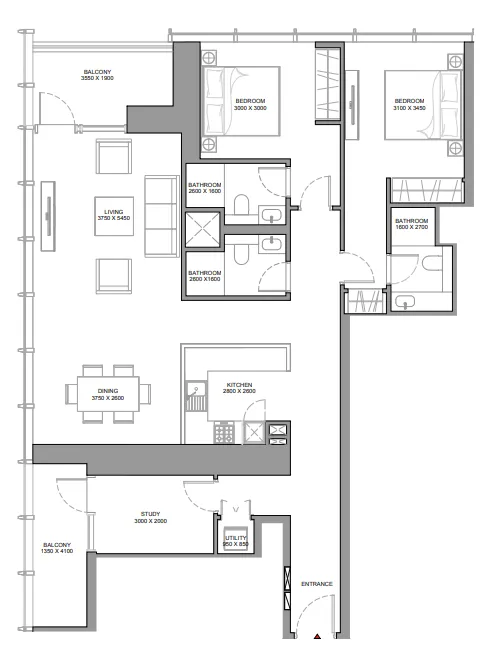 The Element at Sobha One 2 bed floor plan, 1,516 sqft