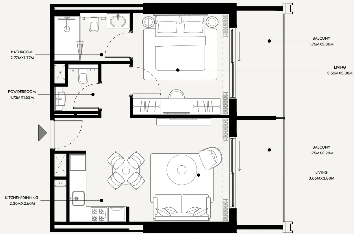 Azizi Venice 1 bed floor plan, 708 sqft