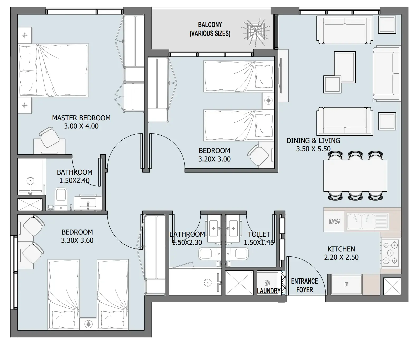 Verdana III 3 bed floor plan, 1,021 – 1,241 sqft