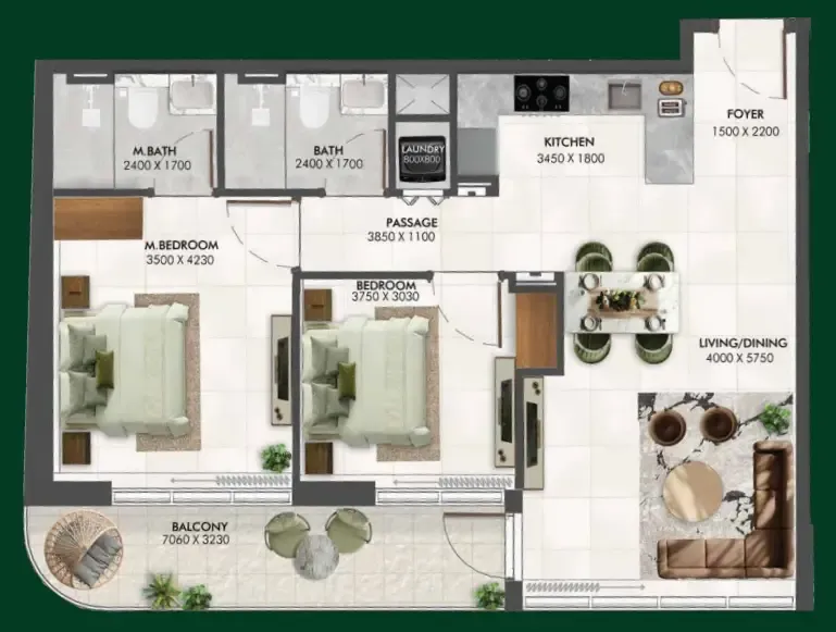 Enchante 2 bed floor plan, 946 sqft