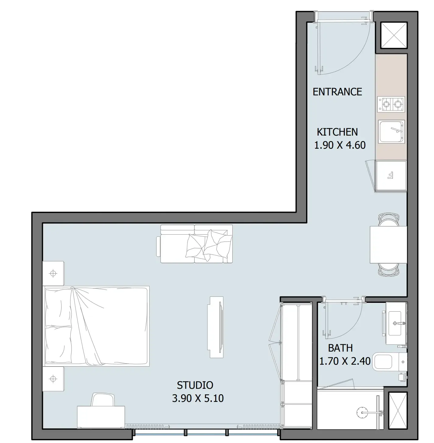 Oceana 1 bed floor plan, 404 sqft