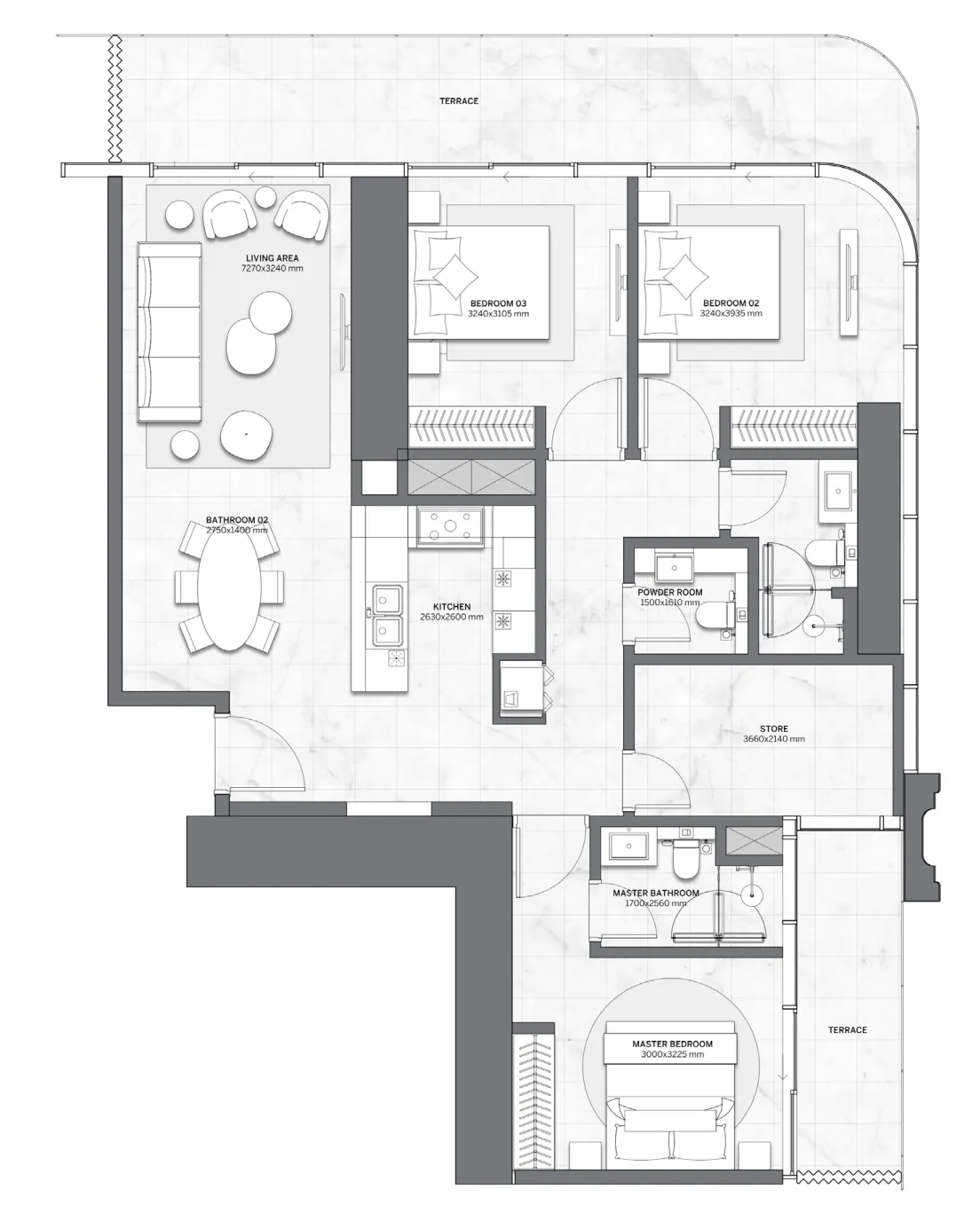 Trump International Hotel and Tower 3 bed floor plan, 1,642 sqft