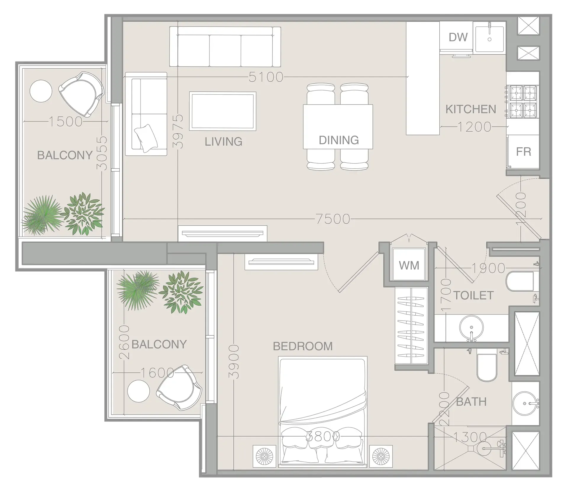 ELAR1S Rise 1 bed floor plan, 712 sqft