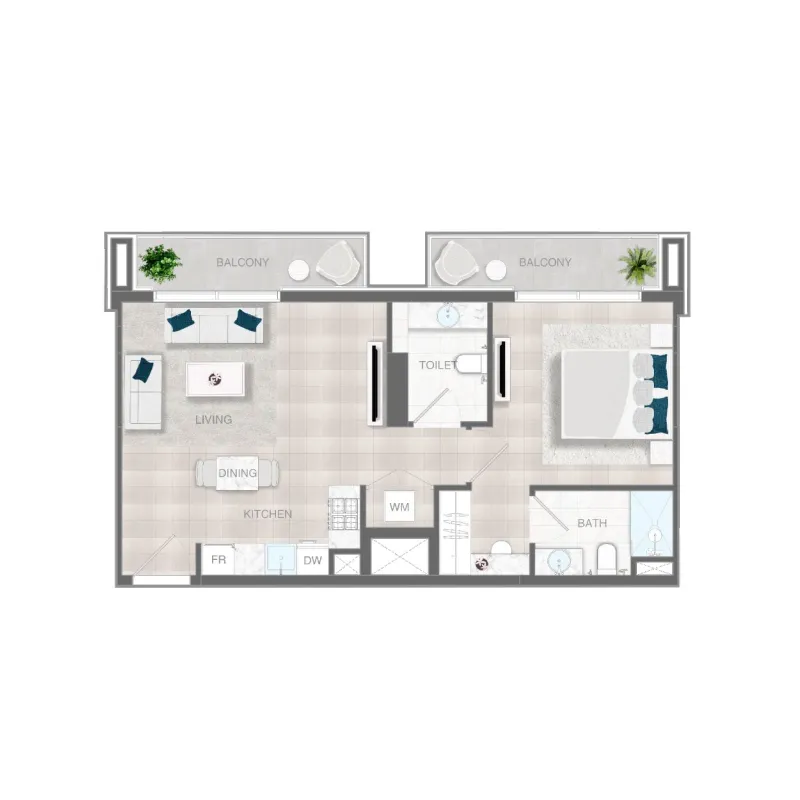 ELAR1S Rise 1 bed floor plan, 703 sqft