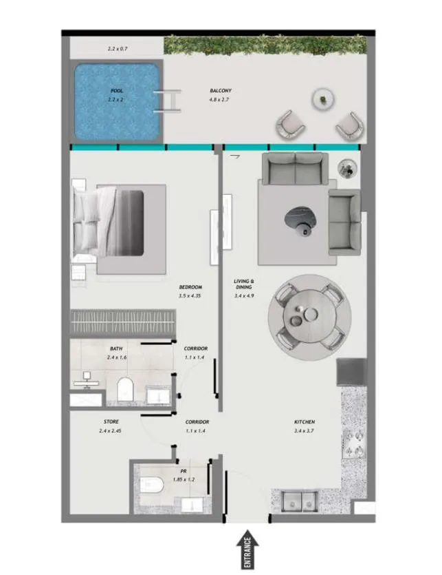 Samana Resorts 1 bed floor plan, 889 sqft