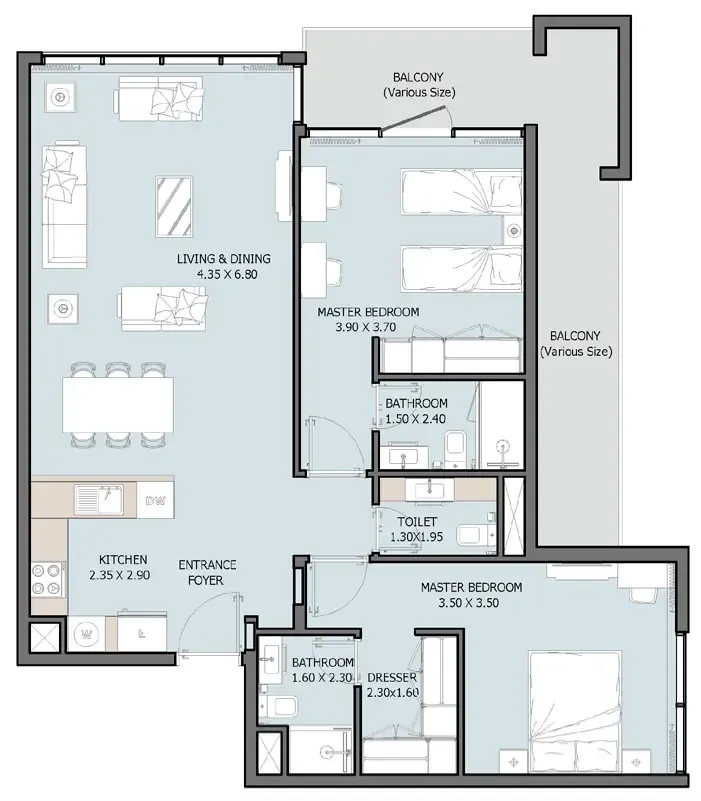 Verdana VIII 2 bed floor plan, 1,217 – 1,858 sqft
