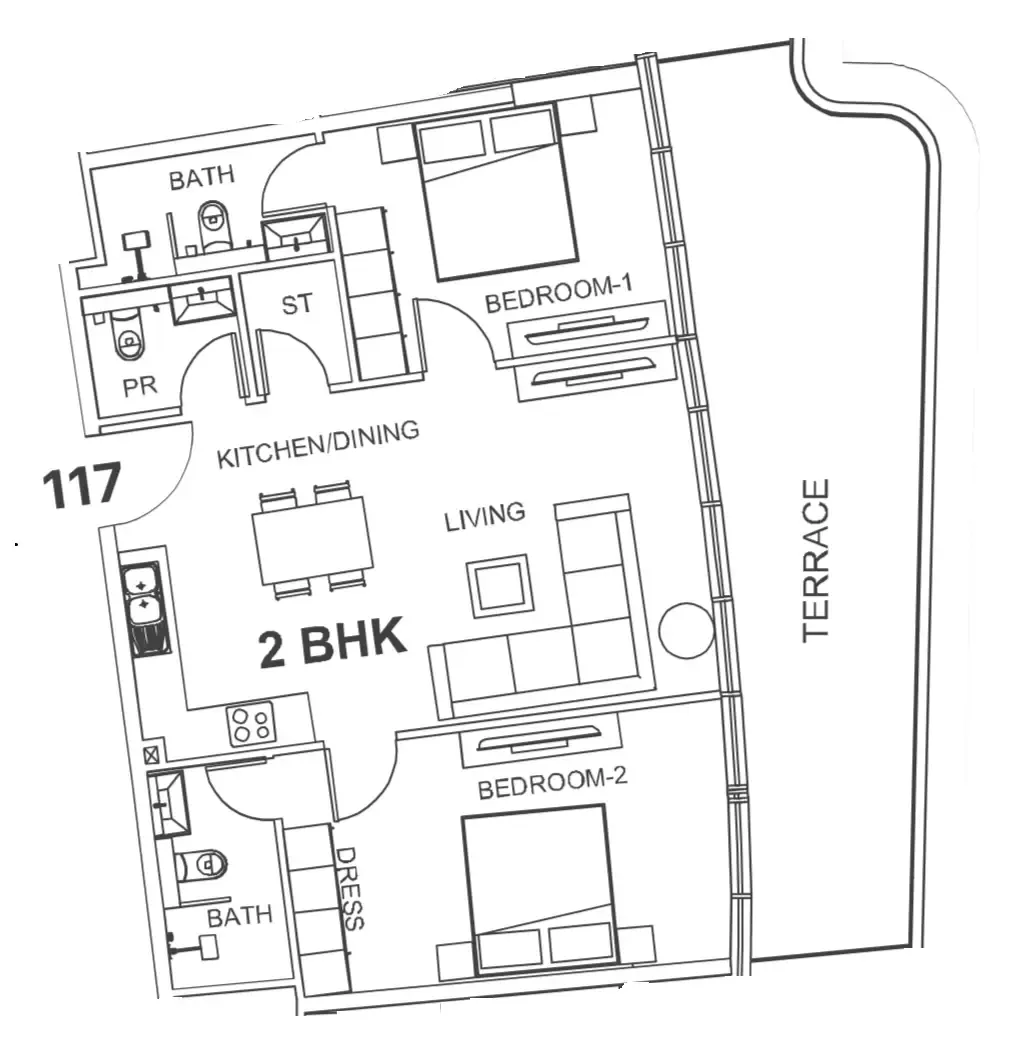 Villa Del Garda 2 bed floor plan, 1,191 sqft