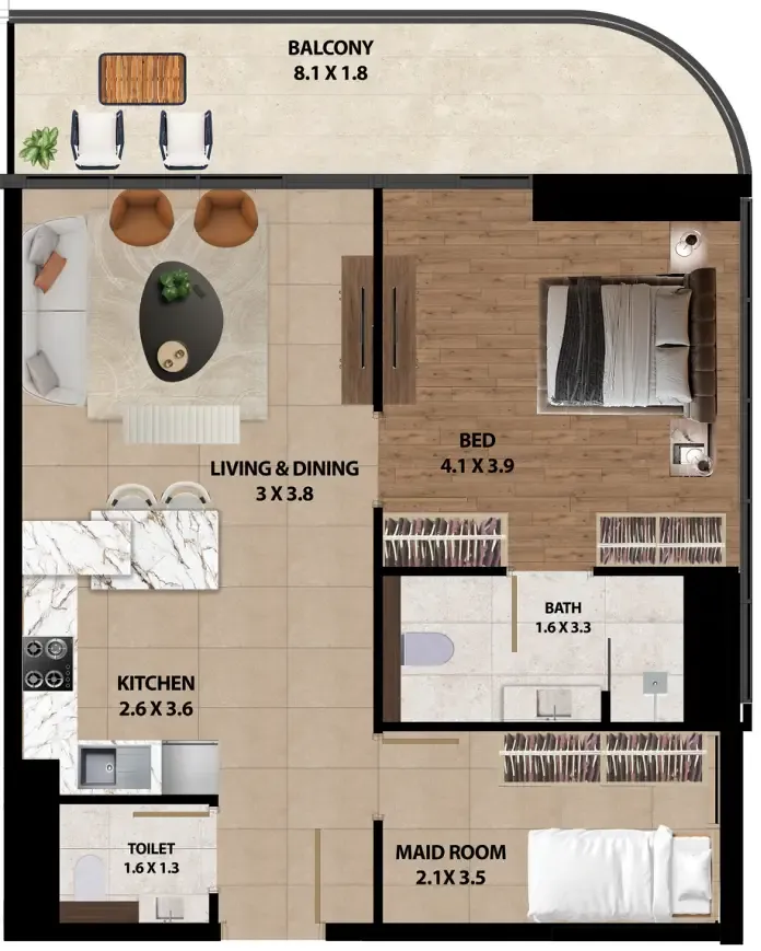 Marquis One 1 bed floor plan, 834 sqft