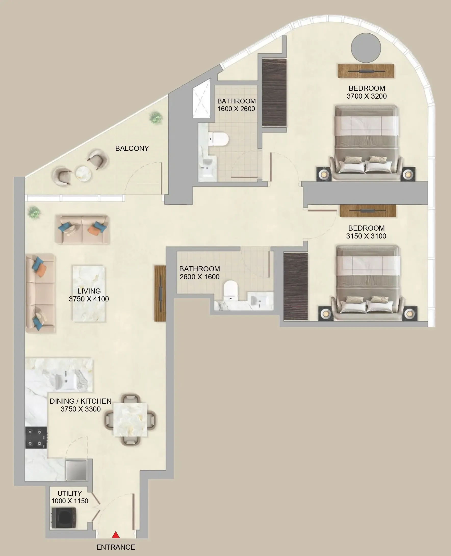Skyvue Altier 2 bed floor plan, 997 – 1,002 sqft