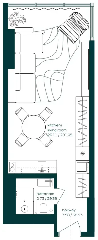 Vibe Studio floor plan, 406 sqft